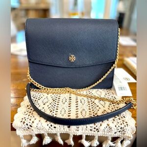 Tory Burch Elegant Navy & Gold Chain Shoulder Bag